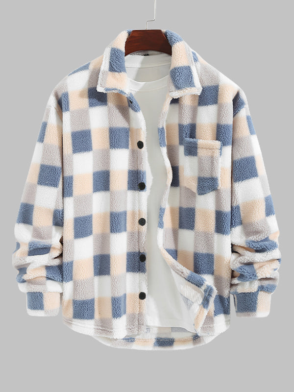 Men's Classic Plaid Fluffy Faux Fur Single Pocket Button Lapel Jacket