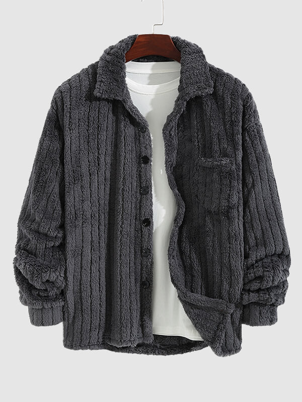 Men's Casual Warmth Solid Color Button Front Fluffy Fleece Jacket