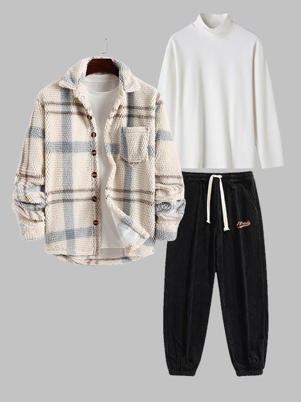 3PCS Set Men's plaid jacket velvet basic T-shirt casual pants