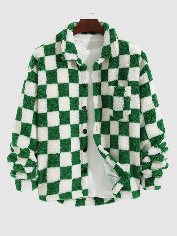 Men's Colorblock Checkerboard Plaid Button Fly Fluffy Fleece Jacket