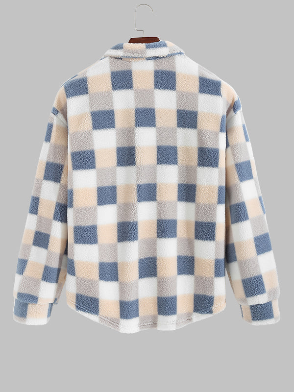Men's Classic Plaid Fluffy Faux Fur Single Pocket Button Lapel Jacket