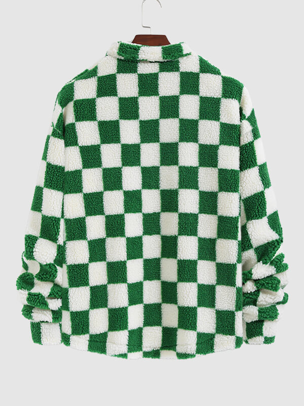 Men's Colorblock Checkerboard Plaid Button Fly Fluffy Fleece Jacket